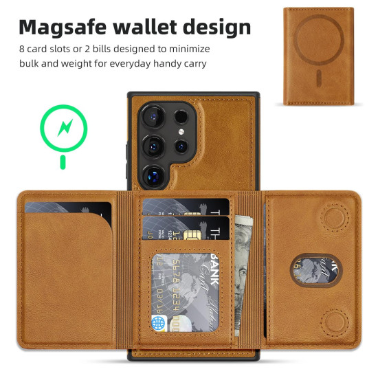 For Samsung Galaxy S24+ 5G Shield Multi-functional MagSafe Card Bag Phone Case(Brown)