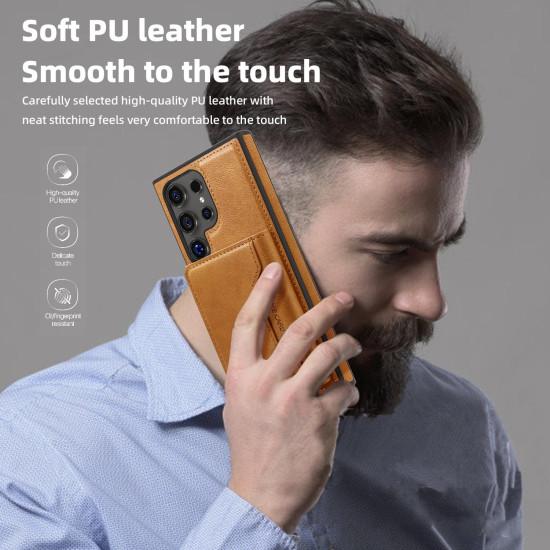 For Samsung Galaxy S24+ 5G Shield Multi-functional MagSafe Card Bag Phone Case(Brown)
