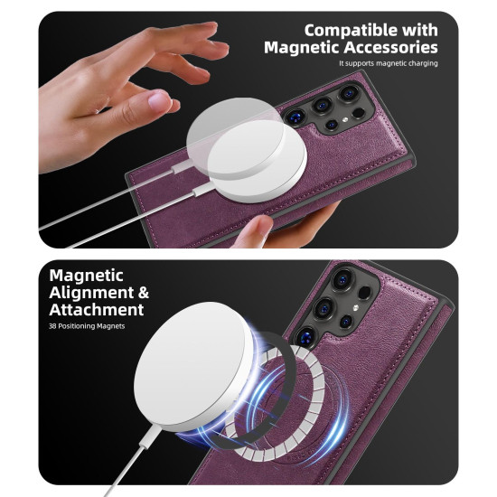 For Samsung Galaxy S24+ 5G Shield Multi-functional MagSafe Card Bag Phone Case(Purple)
