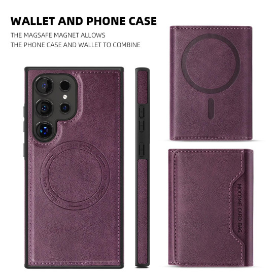 For Samsung Galaxy S24+ 5G Shield Multi-functional MagSafe Card Bag Phone Case(Purple)