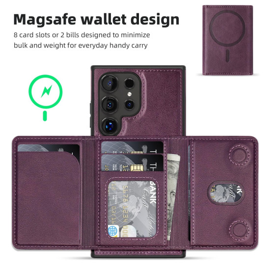 For Samsung Galaxy S24+ 5G Shield Multi-functional MagSafe Card Bag Phone Case(Purple)