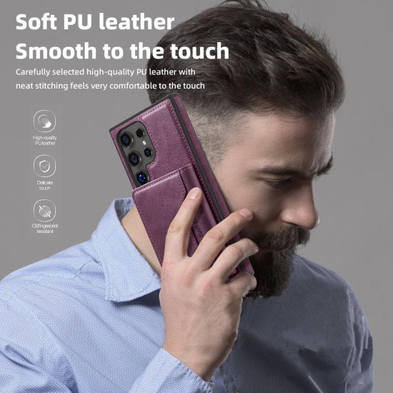 For Samsung Galaxy S24+ 5G Shield Multi-functional MagSafe Card Bag Phone Case(Purple)