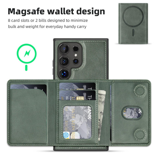 For Samsung Galaxy S24+ 5G Shield Multi-functional MagSafe Card Bag Phone Case(Green)