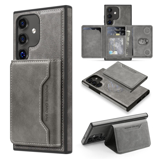 For Samsung Galaxy S24+ 5G Shield Multi-functional MagSafe Card Bag Phone Case(Grey)