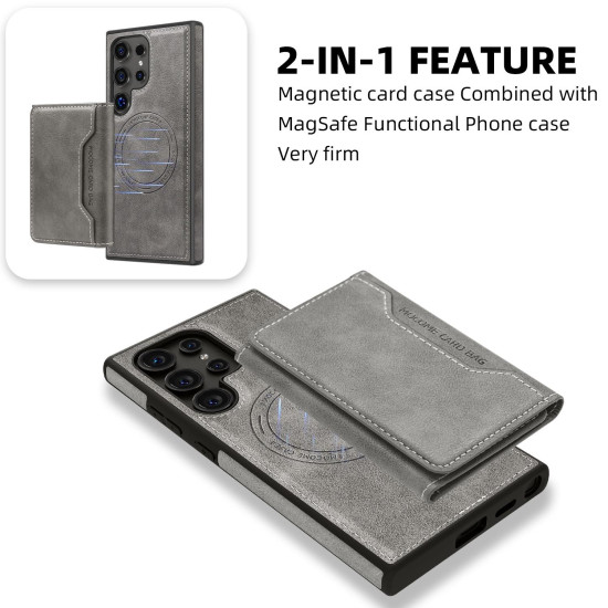 For Samsung Galaxy S24+ 5G Shield Multi-functional MagSafe Card Bag Phone Case(Grey)