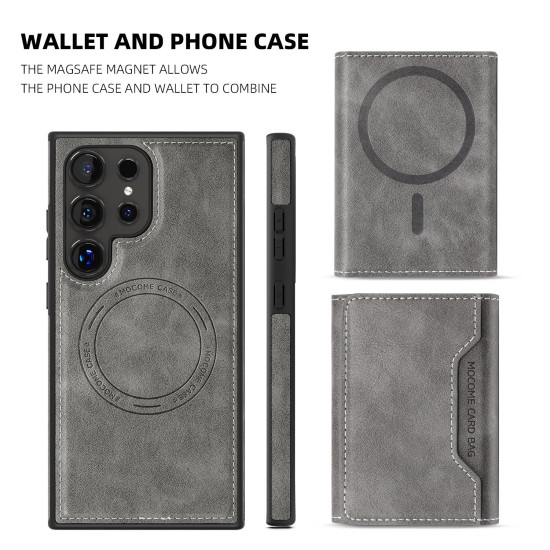 For Samsung Galaxy S24+ 5G Shield Multi-functional MagSafe Card Bag Phone Case(Grey)