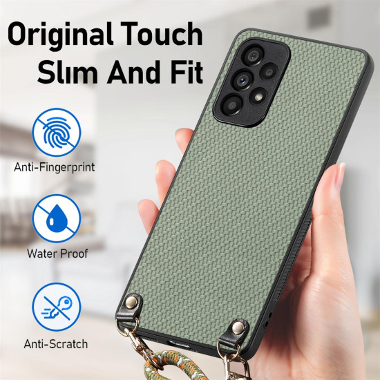 For Samsung Galaxy S24+ 5G Carbon Fiber Texture Leather Back Cover Phone Case with Crossbody Strap(Green)