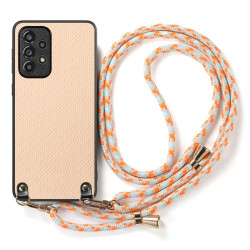 For Samsung Galaxy S23 5G Carbon Fiber Texture Leather Back Cover Phone Case with Crossbody Strap(Khaki)