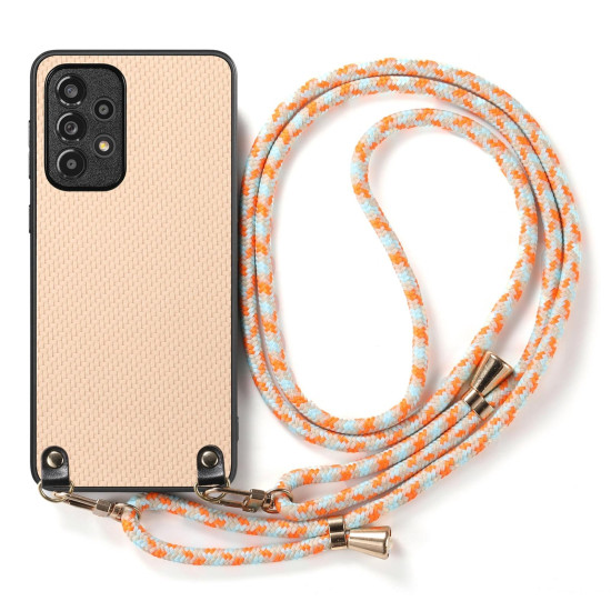 For Samsung Galaxy S23 5G Carbon Fiber Texture Leather Back Cover Phone Case with Crossbody Strap(Khaki)