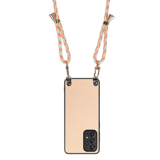For Samsung Galaxy S23 5G Carbon Fiber Texture Leather Back Cover Phone Case with Crossbody Strap(Khaki)