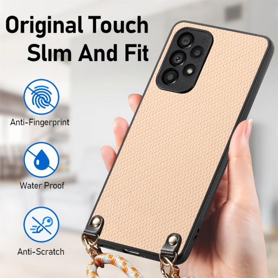 For Samsung Galaxy S23 5G Carbon Fiber Texture Leather Back Cover Phone Case with Crossbody Strap(Khaki)