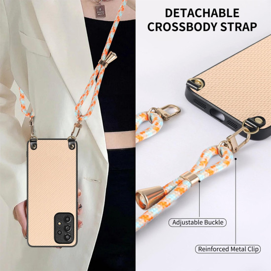 For Samsung Galaxy S23 5G Carbon Fiber Texture Leather Back Cover Phone Case with Crossbody Strap(Khaki)
