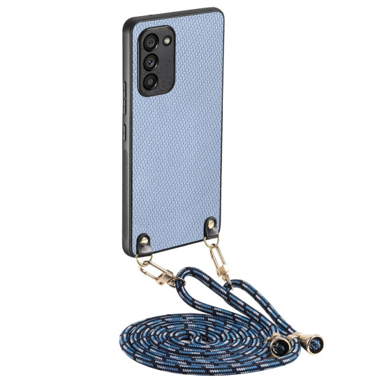 For Samsung Galaxy S23 5G Carbon Fiber Texture Leather Back Cover Phone Case with Crossbody Strap(Blue)
