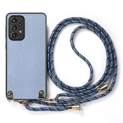 For Samsung Galaxy S23 5G Carbon Fiber Texture Leather Back Cover Phone Case with Crossbody Strap(Blue)