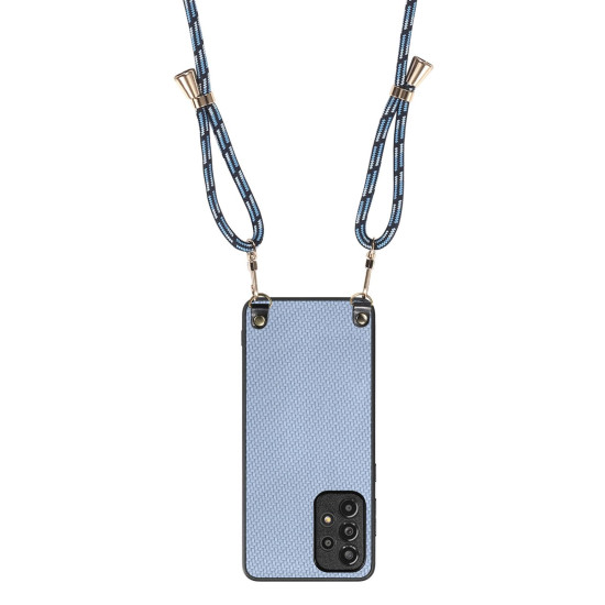 For Samsung Galaxy S23 5G Carbon Fiber Texture Leather Back Cover Phone Case with Crossbody Strap(Blue)