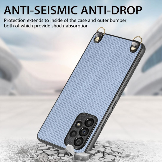 For Samsung Galaxy S23 5G Carbon Fiber Texture Leather Back Cover Phone Case with Crossbody Strap(Blue)