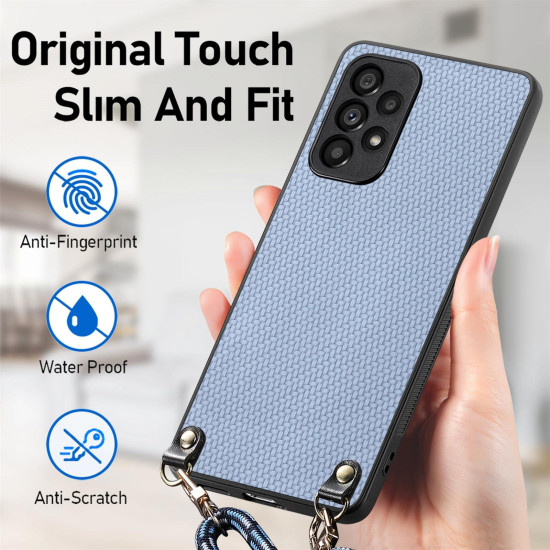 For Samsung Galaxy S23 5G Carbon Fiber Texture Leather Back Cover Phone Case with Crossbody Strap(Blue)