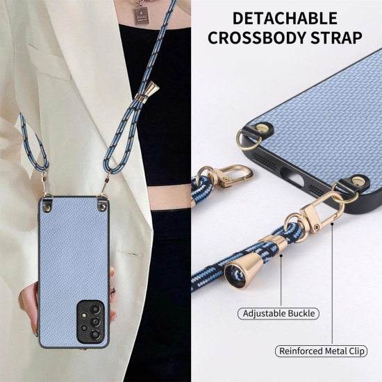 For Samsung Galaxy S23 5G Carbon Fiber Texture Leather Back Cover Phone Case with Crossbody Strap(Blue)