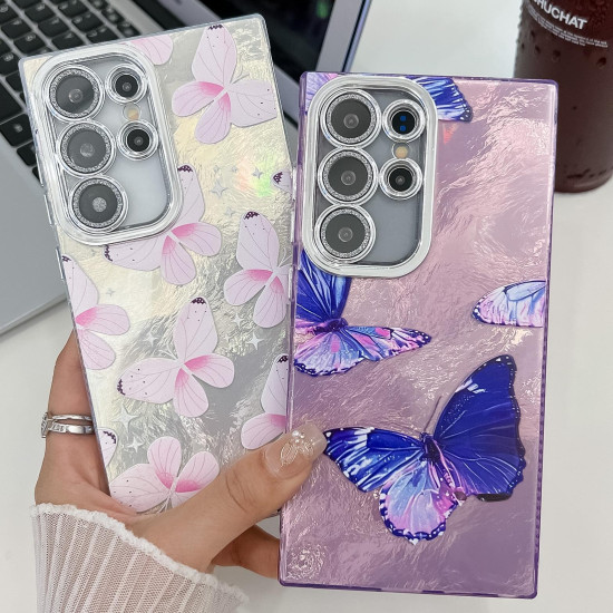 For Samsung Galaxy S24+ 5G Plating Texture Butterfly TPU Phone Case with Glitter Lens Film(Flowers Butterflies HU1)