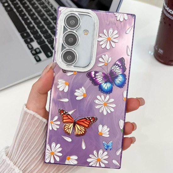 For Samsung Galaxy S24+ 5G Plating Texture Butterfly TPU Phone Case with Glitter Lens Film(Daisy Butterflies HU2)