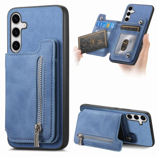 For Samsung Galaxy S24+ 5G Retro MagSafe Zipper Wallet Card Bag Back Phone Case(Blue)