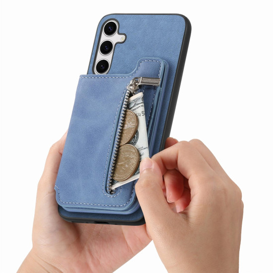 For Samsung Galaxy S24+ 5G Retro MagSafe Zipper Wallet Card Bag Back Phone Case(Blue)