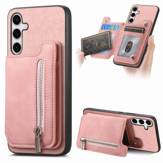 For Samsung Galaxy S24+ 5G Retro MagSafe Zipper Wallet Card Bag Back Phone Case(Pink)
