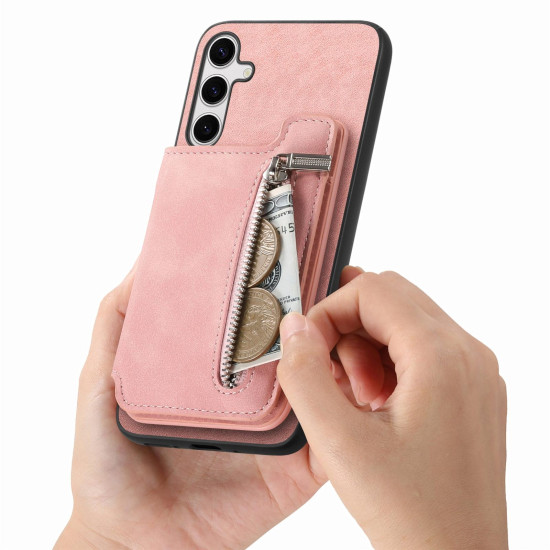 For Samsung Galaxy S24+ 5G Retro MagSafe Zipper Wallet Card Bag Back Phone Case(Pink)