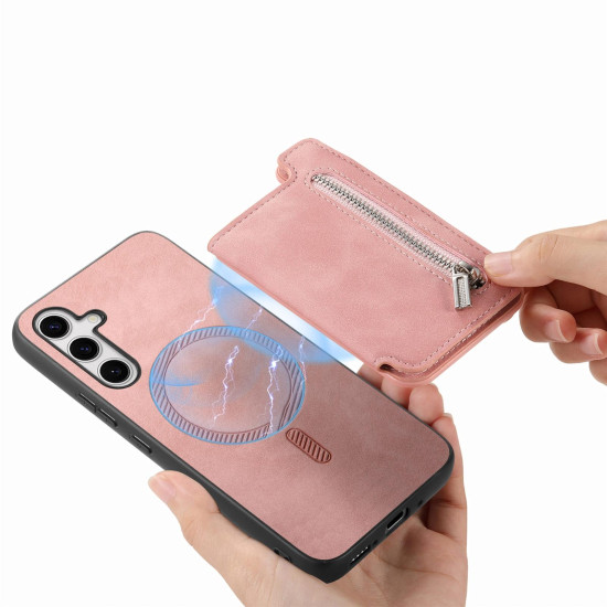For Samsung Galaxy S24+ 5G Retro MagSafe Zipper Wallet Card Bag Back Phone Case(Pink)