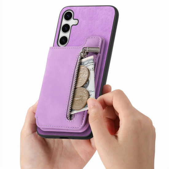 For Samsung Galaxy S24+ 5G Retro MagSafe Zipper Wallet Card Bag Back Phone Case(Purple)
