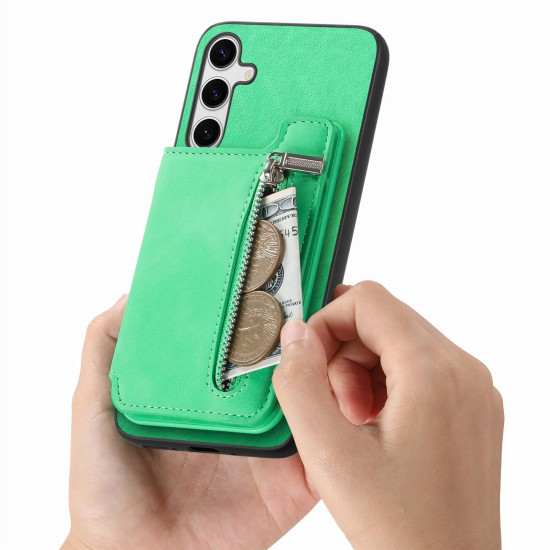 For Samsung Galaxy S24+ 5G Retro MagSafe Zipper Wallet Card Bag Back Phone Case(Green)