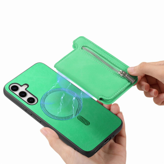 For Samsung Galaxy S24+ 5G Retro MagSafe Zipper Wallet Card Bag Back Phone Case(Green)