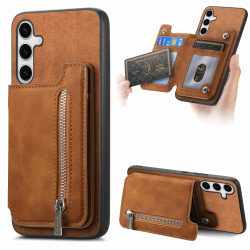 For Samsung Galaxy S24+ 5G Retro MagSafe Zipper Wallet Card Bag Back Phone Case(Brown)