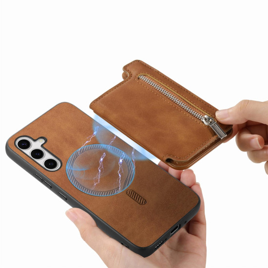 For Samsung Galaxy S24+ 5G Retro MagSafe Zipper Wallet Card Bag Back Phone Case(Brown)