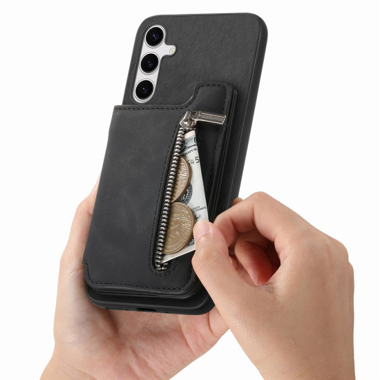 For Samsung Galaxy S24+ 5G Retro MagSafe Zipper Wallet Card Bag Back Phone Case(Black)