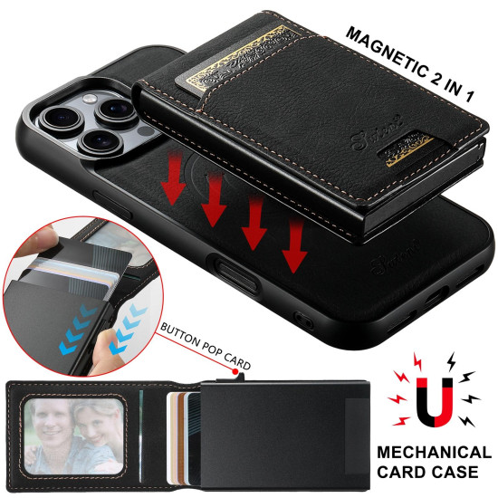 For Samsung Galaxy S23+ 5G Suteni H19 Litchi Texture 2-in-1 MagSafe Removable Card Case Back Phone Case(Black)