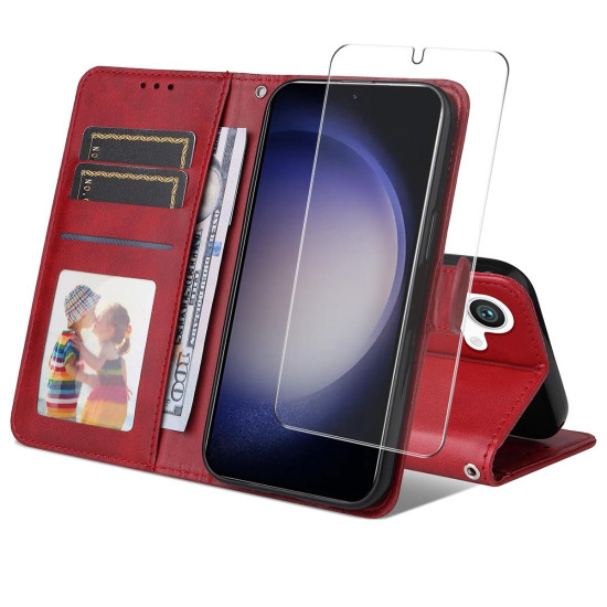 For Samsung Galaxy S24+ 5G ENKAY Card Wallet Calf Texture Leather Phone Case with Screen Film(Red)