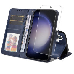 For Samsung Galaxy S24+ 5G ENKAY Card Wallet Calf Texture Leather Phone Case with Screen Film(Blue)
