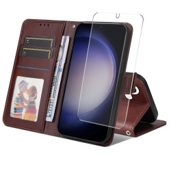 For Samsung Galaxy S24+ 5G ENKAY Card Wallet Calf Texture Leather Phone Case with Screen Film(Brown)