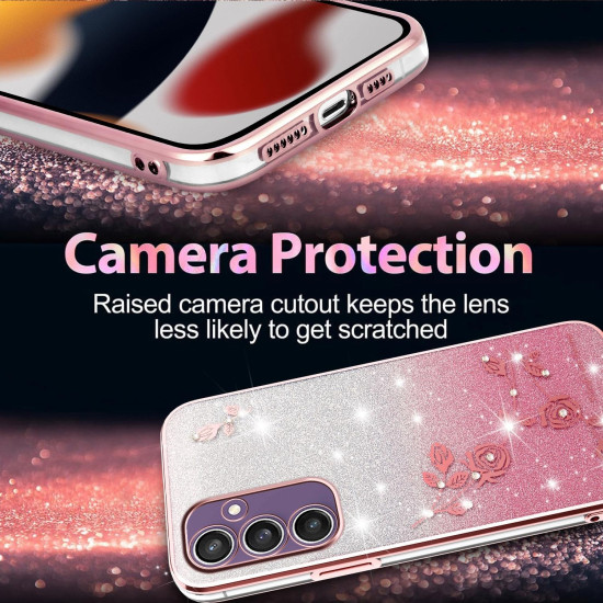 For Samsung Galaxy S24+ 5G Gradient Glitter Flower All-inclusive Phone Case(Pink)