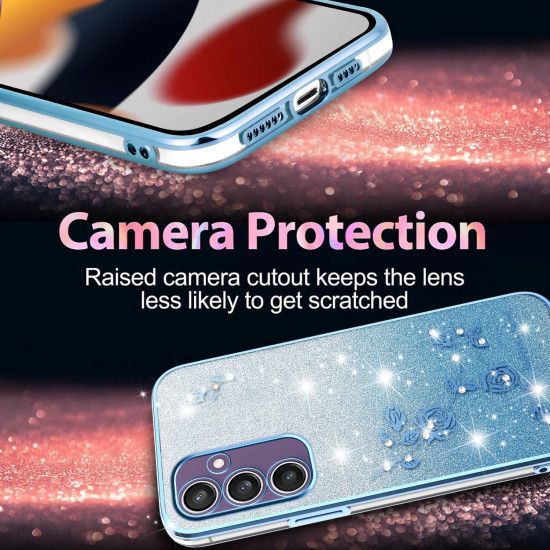 For Samsung Galaxy S24+ 5G Gradient Glitter Flower All-inclusive Phone Case(Blue)