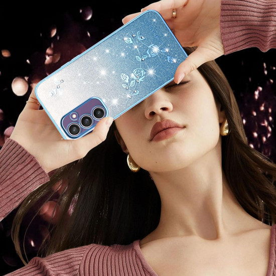For Samsung Galaxy S24+ 5G Gradient Glitter Flower All-inclusive Phone Case(Blue)