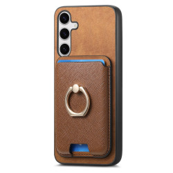 For Samsung Galaxy S24+ 5G Retro Cross Leather Ring Vertical Insert Card Bag MagSafe Phone Case(Brown)