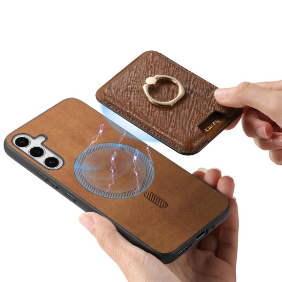 For Samsung Galaxy S24+ 5G Retro Cross Leather Ring Vertical Insert Card Bag MagSafe Phone Case(Brown)