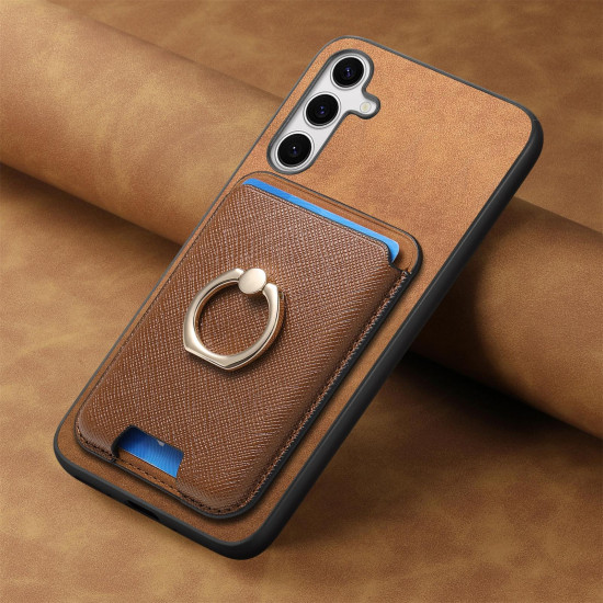 For Samsung Galaxy S24+ 5G Retro Cross Leather Ring Vertical Insert Card Bag MagSafe Phone Case(Brown)