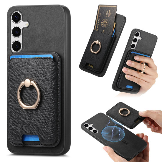 For Samsung Galaxy S24+ 5G Retro Cross Leather Ring Vertical Insert Card Bag MagSafe Phone Case(Black)