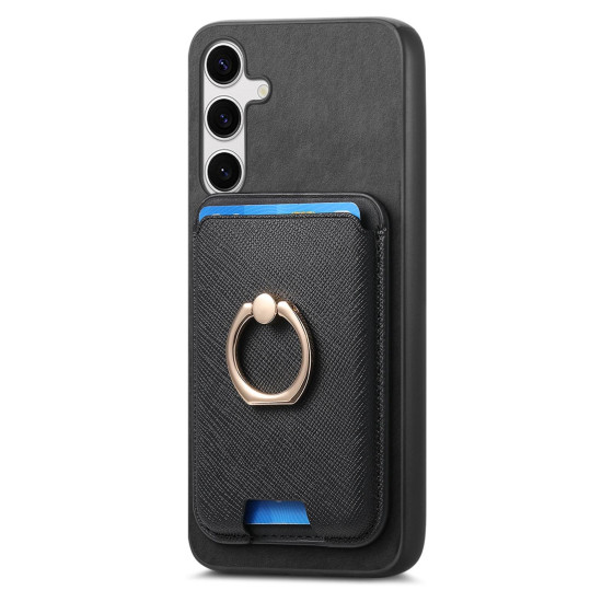 For Samsung Galaxy S24+ 5G Retro Cross Leather Ring Vertical Insert Card Bag MagSafe Phone Case(Black)
