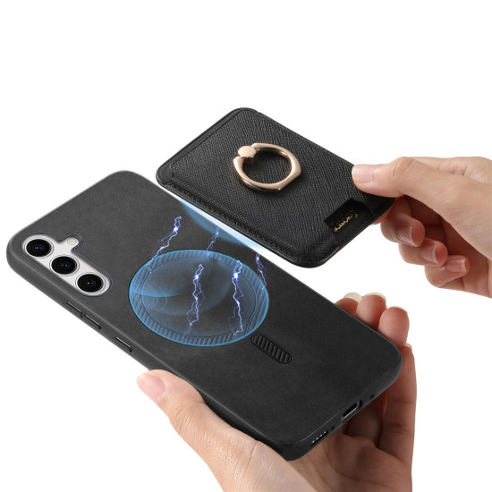 For Samsung Galaxy S24+ 5G Retro Cross Leather Ring Vertical Insert Card Bag MagSafe Phone Case(Black)