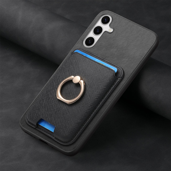 For Samsung Galaxy S24+ 5G Retro Cross Leather Ring Vertical Insert Card Bag MagSafe Phone Case(Black)