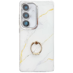 For Samsung Galaxy S24+ 5G Electroplated Marble Texture Ring Holder Phone Case(Gold White S1)